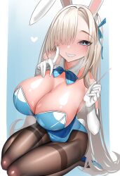 Rule 34 | 1girl, animal ears, asuna (blue archive), asuna (bunny) (blue archive), bare shoulders, blonde hair, blue archive, blue eyes, blue leotard, blush, breasts, brown pantyhose, cleavage, detached collar, fake animal ears, grin, hair over one eye, halo, highleg, highleg leotard, highres, huge breasts, keishi surota, leotard, long hair, looking at viewer, mole, mole on breast, official alternate costume, pantyhose, playboy bunny, rabbit ears, rabbit tail, smile, solo, tail, thighband pantyhose, thighs