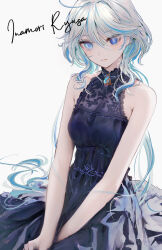 Rule 34 | 1girl, alternate costume, armpit crease, artist name, between legs, black dress, blue eyes, blue gemstone, blue hair, breasts, dress, furina (genshin impact), gem, genshin impact, grey hair, hand between legs, heterochromia, highres, inaeda kei, long hair, looking at viewer, medium breasts, mismatched pupils, multicolored hair, parted lips, revision, signature, sleeveless, sleeveless dress, solo, two-tone hair, upper body, white background