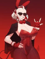 Rule 34 | 1girl, blind, breasts, cleavage, demon girl, demon tail, detached collar, gloves, grin, hair pulled back, hand on own hip, helltaker, horns, jacket, jacket on shoulders, justice (helltaker), large breasts, leotard, maizken, padded gloves, pale skin, pantyhose, playboy bunny, red theme, smile, solo, sunglasses, tail, white hair