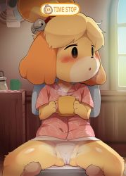 Rule 34 | 1girl, :o, @ @, animal crossing, animal ears, animal nose, black eyes, blonde hair, blush, blush stickers, body fur, buttons, chair, chibi, cup, dagashi (daga2626), day, dog ears, dog girl, empty eyes, furry, furry female, furry with non-furry, gluteal fold, groin, highres, holding, holding cup, indoors, interspecies, isabelle (animal crossing), looking to the side, miniskirt, nintendo, office chair, panties, pantyshot, parted lips, pov, pov hands, shirt, short sleeves, sitting, skirt, snout, solo focus, spread legs, steam, swivel chair, time stop, topknot, underwear, upskirt, user interface, white panties, window, yellow fur