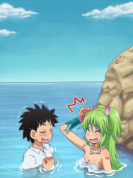 Rule 34 | 1boy, 1girl, awa, black hair, blush, breasts, cleavage, clenched hand, clenched hands, cloud, day, closed eyes, gem, green hair, hair ornament, jewelry, long hair, medium breasts, mermaid, monster girl, mukoujima takurou, muromi-san, namiuchigiwa no muromi-san, necklace, open mouth, pearl (gemstone), rock, seashell, shell, short sleeves, sky, spiked hair, twintails, two side up, very long hair