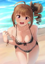 Rule 34 | 1girl, ahoge, arms behind back, beach, bikini, black bikini, black ribbon, bow, bow bikini, bracelet, breasts, brown hair, cleavage, commentary, drill hair, frilled bikini, frills, hair ribbon, halterneck, idolmaster, idolmaster million live!, jewelry, kamille (vcx68), leaning forward, light blush, looking at viewer, medium breasts, medium hair, navel, ocean, open mouth, purple eyes, ribbon, side drill, side ponytail, smile, solo, standing, star bracelet, swimsuit, water, yokoyama nao