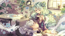 Rule 34 | 1boy, 1girl, black hair, couch, cup, dairoku ryouhei, day, facial hair, flower, glasses, green hair, harenochi hareta, highres, holding hands, indoors, jewelry, long hair, lying, multicolored hair, on back, plant, plate, potted plant, ring, shelf, sitting, smile, stubble, table, til roeve, two-tone hair, vase, very long hair, white hair, white wings, wings, wooden floor