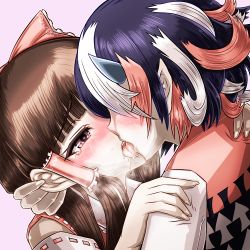 Rule 34 | 2girls, arrow (symbol), arrow print, black hair, blush, bow, brown hair, collared shirt, detached sleeves, french kiss, frilled bow, frilled hair tubes, frills, hair bow, hair tubes, hakurei reimu, hand on another&#039;s head, hands on another&#039;s shoulders, heart, heart-shaped pupils, horns, kijin seija, kiss, lace, lace trim, long hair, mokugenji, multicolored hair, multiple girls, pink background, pointy ears, red bow, red ribbon, red shirt, ribbon, saliva, saliva trail, shirt, short hair, streaked hair, sweat, symbol-shaped pupils, tongue, touhou, white shirt, yuri