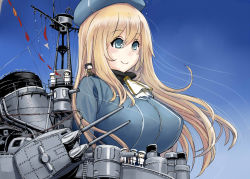 Rule 34 | 10s, 1girl, atago (cruiser), atago (kancolle), blonde hair, blue eyes, blush, breasts, giant, giantess, hat, highres, kantai collection, large breasts, long hair, military, military uniform, nogami takeshi, personification, smile, solo, uniform