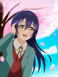 Rule 34 | 1girl, artist name, artist request, black ribbon, blue hair, blue sky, blush, branch, breasts, brooch, brown eyes, buttons, cloud, collared shirt, day, falling petals, female focus, green jacket, hair between eyes, highres, jacket, jewelry, long hair, long sleeves, looking at viewer, love live!, love live! school idol project, neck ribbon, nunun dolphin, outdoors, parted lips, petals, pink petals, red sweater, ribbon, shirt, sky, small breasts, smile, solo, sonoda umi, sweater, tree, upper body, white shirt, wing collar, yellow eyes