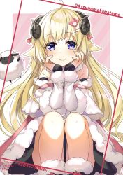 Rule 34 | 1girl, ahoge, animal ears, bare shoulders, blonde hair, blue eyes, blush, braid, character name, closed mouth, dated, detached sleeves, dress, elbows on knees, feet out of frame, fur-trimmed dress, fur-trimmed sleeves, fur trim, hair ornament, hairclip, half updo, head rest, highres, hololive, horns, kashiba aira, long hair, looking at viewer, sheep ears, sheep girl, sheep horns, signature, sitting, sleeveless, sleeveless dress, smile, solo, tsunomaki watame, tsunomaki watame (1st costume), virtual youtuber, white dress, white sleeves