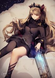 Rule 34 | 1girl, asymmetrical legwear, black cape, black thighhighs, blonde hair, breasts, buckle, cape, detached collar, earrings, ereshkigal (fate), ereshkigal (third ascension) (fate), fate/grand order, fate (series), fur-trimmed cape, fur trim, genyaky, hair ribbon, hand in own hair, holding, holding own hair, jewelry, light, long hair, looking at viewer, multicolored cape, multicolored clothes, nail polish, necklace, open mouth, parted bangs, purple nails, reclining, red cape, red eyes, red ribbon, ribbon, single thighhigh, skull, solo, thighhighs, tiara, twintails, two side up, uneven legwear