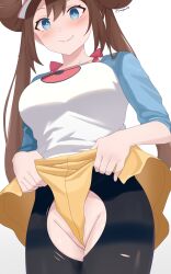 Rule 34 | 1girl, absurdres, alternate breast size, black pantyhose, blaiard, blue eyes, blush, breasts, bright pupils, brown hair, closed mouth, commentary, creatures (company), double bun, game freak, hair bun, hat, highres, large breasts, long hair, looking down, nintendo, pantyhose, partially visible vulva, pokemon, pokemon bw2, pulling own clothes, raglan sleeves, rosa (pokemon), shirt, short shorts, shorts, shorts lift, sleeves past elbows, smile, solo, torn clothes, torn pantyhose, twintails, visor cap, white hat, white pupils, yellow shorts