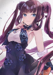 Rule 34 | 1girl, bare shoulders, black dress, blue eyes, blunt bangs, blush, breasts, china dress, chinese clothes, cleavage, closed mouth, detached sleeves, double bun, dress, fate/grand order, fate (series), gradient background, hachimitsu monte, hair bun, hair ornament, highres, jewelry, large breasts, long hair, looking at viewer, pendant, purple hair, short dress, sidelocks, signature, smile, solo, twintails, very long hair, yang guifei (fate), yang guifei (first ascension) (fate)