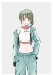 Rule 34 | 1girl, beeftanizoko, border, cowboy shot, crop top, cropped jacket, doyagao, earrings, glint, green eyes, green hair, grey background, highres, idolmaster, idolmaster shiny colors, jacket, jacket partially removed, jewelry, long sleeves, looking at viewer, midriff, nanakusa nichika, navel, open clothes, open jacket, outside border, pants, side ponytail, sleeves past fingers, sleeves past wrists, smug, solo, tank top, two-tone background, white border, white tank top
