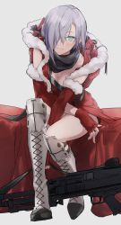 Rule 34 | 1girl, absurdres, ashita kura, blue eyes, blue hair, boots, breasts, christmas, cleavage, cross-laced footwear, fingerless gloves, gift, girls&#039; frontline, gloves, hair over one eye, highres, knee boots, knee pads, lace-up boots, mg5, mg5 (crimson guardian) (girls&#039; frontline), mg5 (girls&#039; frontline), official alternate costume, one eye covered, sack, santa costume, scarf, smile, solo