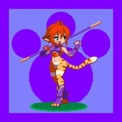 Rule 34 | 1girl, animal ears, animated, animated gif, breath of fire, breath of fire ii, capcom, cat ears, cat tail, female focus, furry, furry female, gloves, green eyes, pixel art, purple background, red hair, rinpoo chuan, sakuemonq, staff (weapon), tail