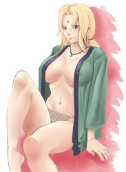 Rule 34 | 1girl, barefoot, blonde hair, breasts, breasts apart, covered erect nipples, facial mark, forehead jewel, forehead mark, grey panties, huge breasts, japanese clothes, jewelry, kimono, kyoffie, large breasts, light smile, lips, long hair, looking at viewer, mature female, naruto, naruto (series), navel, necklace, no bra, no pants, open clothes, open kimono, panties, ponytail, red background, red eyes, scrunchie, short twintails, sideboob, simple background, sitting, smile, solo, striped clothes, striped panties, tsunade (naruto), twintails, underwear, wide hips