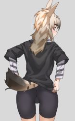 Rule 34 | 1girl, absurdres, animal ears, bike shorts, black shirt, blonde hair, brown eyes, commentary, extra ears, from behind, grey background, highres, kemono friends, layered sleeves, light brown hair, long hair, long sleeves, looking back, shirt, short over long sleeves, short sleeves, simple background, solo, spotted hyena (kemono friends), striped sleeves, tail, tanabe (fueisei)