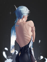 Rule 34 | 1girl, adapted costume, backboob, backless outfit, bekus, blue cape, blue hair, breasts, cape, dark background, eula (genshin impact), falling feathers, feathers, fingernails, from behind, genshin impact, hair ornament, high-waist shorts, highres, light particles, medium breasts, medium hair, nape, ribs, self hug, shorts, side cape, signature, solo, upper body, white feathers