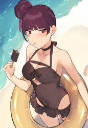 Rule 34 | 1girl, absurdres, alternate hairstyle, beach, black one-piece swimsuit, blunt bangs, blush, braid, breasts, brown hair, casual one-piece swimsuit, caustics, choker, cleavage, cleavage cutout, clothing cutout, collarbone, covered navel, cowboy shot, day, duoyuanjun, eyebrows, food, food on face, footprints, french braid, from above, girls&#039; frontline, hair bun, halterneck, highres, holding, holding food, holding swim ring, innertube, large breasts, ocean, one-piece swimsuit, outdoors, parted lips, popsicle, purple hair, red eyes, single side bun, solo, standing, swim ring, swimsuit, wa2000 (girls&#039; frontline), water