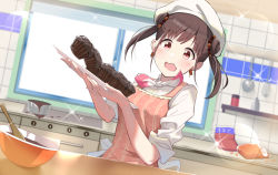 Rule 34 | 1girl, apron, beret, blurry, blurry background, blush, breasts, brown hair, cac itinose, commentary request, counter, day, depth of field, double bun, earrings, food, hair bun, hands up, hat, highres, holding, holding tray, idolmaster, idolmaster shiny colors, indoors, jewelry, medium breasts, mixing bowl, muffin, open mouth, pink apron, red eyes, shirt, short sleeves, solo, sonoda chiyoko, sunlight, tile wall, tiles, tray, twintails, upper body, wavy mouth, whisk, white hat, white shirt, window, wooden spoon