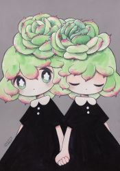 Rule 34 | 2girls, black dress, cactus, cactus girl, closed eyes, dated, dress, green hair, grey background, highres, holding hands, multiple girls, no nose, original, short sleeves, signature, simple background, upper body, zukky000