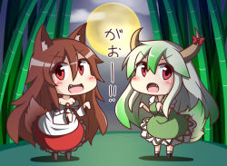 Rule 34 | 2girls, animal ears, bamboo, bamboo forest, blush, breasts, brooch, brown hair, chibi, collarbone, dress, ex-keine, fang, feiton, forest, full moon, green hair, hat, horn ornament, horn ribbon, horns, imaizumi kagerou, jewelry, kamishirasawa keine, long hair, long sleeves, looking at viewer, moon, multiple girls, nature, off shoulder, open mouth, paw pose, red eyes, ribbon, sukusuku hakutaku, suspenders, tail, touhou, translation request, wide sleeves, wolf ears, wolf tail