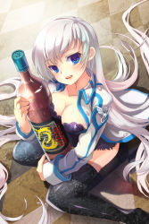 Rule 34 | 1girl, alcohol, argyle, black thighhighs, blue eyes, blush, bottle, breast press, breasts, camisole, cleavage, coat, drunk, from above, highres, large breasts, long hair, mintchoco (orange shabette), hugging object, open mouth, parted lips, shiny skin, sigma (sword girls), silver hair, sitting, smile, solo, striped, sword girls, thighhighs, very long hair, wariza
