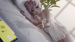 Rule 34 | 1girl, bed sheet, blue eyes, cellphone, closed mouth, commentary, commentary request, day, dress, english commentary, fingernails, girls&#039; frontline, head on pillow, highres, indoors, lips, looking at viewer, mixed-language commentary, nail polish, on bed, outstretched arm, outstretched hand, phone, pillow, pink hair, plant, reaching, reaching towards viewer, short hair, smartphone, solo, st ar-15 (girls&#039; frontline), strap slip, sunlight, tacshojosora, white dress, white nails