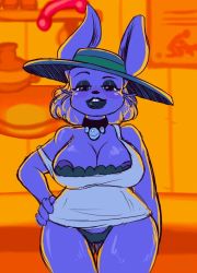 1girl blue_eyes breasts choker female_focus hat large_breasts lipstick makeup mature_female monster_girl rabbit_ears rabbit_shopkeeper short_hair solo undertale