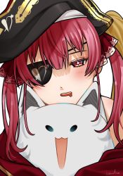Rule 34 | 1girl, autumnmaple, blush, commentary request, drooling, eyepatch, fubuzilla (shirakami fubuki), hair between eyes, hat, highres, hololive, houshou marine, hug, hug from behind, jacket, long hair, looking at viewer, mouth drool, open mouth, pirate hat, red eyes, red hair, red jacket, sidelocks, simple background, twintails, virtual youtuber, white background
