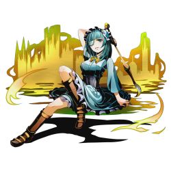 Rule 34 | 10s, 1girl, aqua dress, aqua eyes, aqua hair, arm up, boots, bow, bowtie, breasts, brown footwear, claude (divine gate), divine gate, dress, full body, headdress, holding, knee boots, long hair, looking at viewer, medium breasts, official art, shadow, sitting, solo, transparent background, ucmm, yellow bow