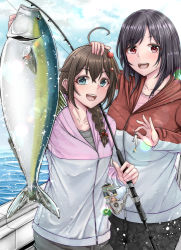 Rule 34 | 2girls, aga marino, ahoge, alternate costume, black hair, black pants, blue eyes, blue sky, braid, cloud, commentary request, day, fish, fishing line, fishing lure, fishing rod, grey pants, hair flaps, hair ornament, hair over shoulder, hands on another&#039;s head, hood, hooded jacket, hoodie, jacket, kantai collection, long hair, multicolored clothes, multicolored jacket, multiple girls, outdoors, pants, red eyes, shigure (kancolle), short hair, single braid, sky, two-tone jacket, water, yamashiro (kancolle)