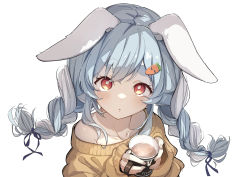 Rule 34 | 1girl, :o, animal ear fluff, animal ears, bad id, bad pixiv id, bare shoulders, blue hair, blue ribbon, braid, brat (brabrabrat00), brown sweater, carrot hair ornament, character name, collarbone, commentary request, crying, cup, food-themed hair ornament, hair ornament, hair ribbon, holding, holding cup, hololive, long hair, long sleeves, looking at viewer, mug, multicolored hair, off-shoulder sweater, off shoulder, parted lips, rabbit ears, red eyes, ribbon, short eyebrows, simple background, sleeves past wrists, solo, streaming tears, sweater, tears, thick eyebrows, twin braids, twintails, two-tone hair, upper body, usada pekora, virtual youtuber, white background, white hair
