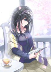 Rule 34 | 1girl, black hair, black shirt, blue eyes, book, brown skirt, cup, day, edelweiss (wsparkz), hair over one eye, hairband, highres, holding, idolmaster, idolmaster cinderella girls, idolmaster cinderella girls starlight stage, jewelry, long hair, long skirt, necklace, open book, outdoors, reading, sagisawa fumika, shirt, sitting, skirt, solo, teacup