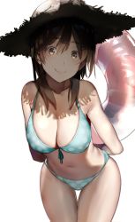 Rule 34 | 1girl, araido kagiri, bikini, blue bikini, breasts, brown eyes, brown hair, character request, cleavage, commentary request, copyright request, cowboy shot, front-tie top, halterneck, hat, highres, innertube, large breasts, leaning forward, long hair, looking at viewer, simple background, solo, straw hat, sun hat, swim ring, swimsuit, thigh gap, white background