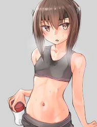 Rule 34 | 1girl, :o, bare arms, bare shoulders, black sports bra, blush, bottle, breasts, brown eyes, brown hair, collarbone, commentary, cowboy shot, grey background, hair between eyes, headgear, highres, holding, holding bottle, kabayaki namazu, kantai collection, looking at viewer, midriff, navel, open mouth, short hair, simple background, small breasts, solo, sports bra, sweat, taihou (kancolle)