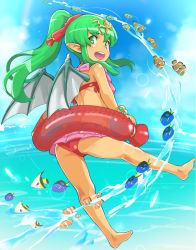 Rule 34 | 1girl, :d, bare legs, bare shoulders, barefoot, blue sky, bracelet, cloud, clownfish, day, dragon wings, fire emblem, fire emblem: mystery of the emblem, fire emblem heroes, fish, full body, green eyes, green hair, hair between eyes, highres, jewelry, nintendo, open mouth, outdoors, pointy ears, ponytail, round teeth, sidelocks, sky, smile, solo, swimsuit, teeth, tiara, tiki (fire emblem), tiki (young) (fire emblem), water, white wings, wings, yukichiko