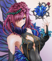 Rule 34 | 1girl, armpits, bare shoulders, blue eyes, breasts, bridal gauntlets, butterfly wings, center opening, cleavage, collarbone, facial mark, fairy wings, fire emblem, fire emblem heroes, floating, floating object, flower, gradient clothes, hair vines, insect wings, medium breasts, medium hair, nintendo, plant, pointy ears, simple background, sleeveless, solo, ten (tenchan man), thorns, triandra (fire emblem), vines, wings