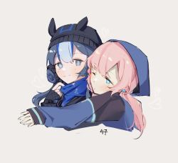 Rule 34 | 2girls, arknights, blue eyes, blue hair, blue poison (arknights), blush, closed mouth, glaucus (arknights), hood, hood up, hooded jacket, hug, jacket, long sleeves, looking at another, low twintails, multicolored hair, multiple girls, one eye closed, pink hair, ruri (dailybloopy), streaked hair, twintails