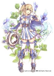 Rule 34 | 1girl, armored boots, blonde hair, boots, breasts, cape, chakram, cleavage, dress, flower, flower knight girl, full body, gloves, knee boots, lindernia (flower knight girl), manano manamana, medium breasts, miniskirt, name connection, object namesake, official art, short hair, side ponytail, simple background, skirt, solo, standing, striped clothes, striped dress, teeth, thighhighs, thighhighs under boots, upper teeth only, v, vertical-striped clothes, vertical-striped dress, weapon, white background, white gloves, white thighhighs