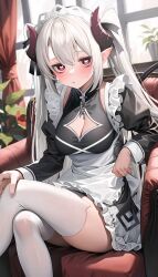 Rule 34 | 1girl, apron, black dress, blush, breasts, broken, broken chain, chain, chair, cleavage, closed mouth, commission, crossed legs, curtains, demon girl, dress, frilled apron, frills, heart, heart-shaped pupils, highres, horns, indoors, long hair, long sleeves, looking at viewer, maid, maid headdress, medium breasts, original, plant, pointy ears, potted plant, pretty mundane, red eyes, sitting, skeb commission, solo, sweat, symbol-shaped pupils, thighhighs, twintails, very long hair, white apron, white hair, white thighhighs, window
