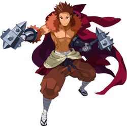 Rule 34 | 1boy, bandaged hand, bandages, brown hair, dual wielding, full body, galleria no chika meikyuu to majo no ryodan, harada takehito, holding, holding weapon, looking at viewer, male focus, muscular, muscular male, nipples, official art, pants, red eyes, sandals, smile, solo, spiked hair, topless male, transparent background, weapon