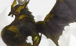 Rule 34 | absurdres, bahamut (final fantasy), character name, dragon, final fantasy, final fantasy xiv, from side, highres, no humans, profile, simple background, solo, spread wings, tladpwl03, upper body, white background
