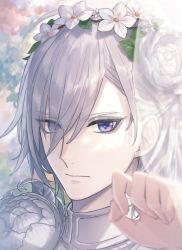 Rule 34 | 1boy, bad link, blue eyes, blurry, chorefuji, closed mouth, commentary request, flower, hair flower, hair ornament, hair over one eye, hairband, hand up, leaf, looking at viewer, male focus, portrait, silver (twisted wonderland), solo, turtleneck, twisted wonderland, white flower