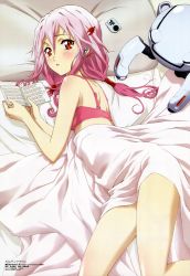 Rule 34 | 10s, 1girl, absurdres, bed sheet, bra, german text, guilty crown, highres, kikuchi satonobu, lingerie, long hair, looking at viewer, lying, megami magazine, non-web source, official art, on stomach, pink hair, ponytail, red eyes, robot, solo, translated, under covers, underwear, yuzuriha inori