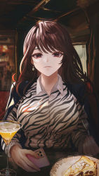 Rule 34 | 1girl, absurdres, animal print, black jacket, breasts, brown eyes, brown hair, cake, cake slice, cellphone, closed mouth, cocktail glass, collared shirt, commentary, cup, drinking glass, earrings, english commentary, fingernails, food, fork, gmg, highres, holding, holding fork, holding phone, jacket, jacket on shoulders, jewelry, large breasts, light particles, light smile, lips, long hair, long sleeves, looking at viewer, nail polish, original, phone, pink nails, pinstripe jacket, pinstripe pattern, plate, shirt, shirt tucked in, sitting, smartphone, solo, striped, swept bangs, two-tone shirt, upper body, wavy hair, white shirt, wing collar, zebra print