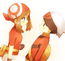 Rule 34 | 1boy, 1girl, backpack, bag, bandana, black gloves, blue eyes, blush, brendan (pokemon), brown eyes, brown hair, closed mouth, creatures (company), fanny pack, game freak, gloves, hat, long sleeves, looking at another, may (pokemon), nintendo, open mouth, pokemon, pokemon rse, red bandana, red shirt, shirt, short hair, short sleeves, two-tone gloves, white background, white gloves, white hat, yellow bag, ymzmi