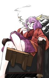 Rule 34 | 1girl, absurdres, geta, high ponytail, highres, holding, holding smoking pipe, japanese clothes, kimono, komakusa sannyo, looking at viewer, one-hour drawing challenge, purple hair, purple skirt, red eyes, red kimono, sitting, skirt, smile, smoking pipe, solo, touhou, ve1024, wide sleeves