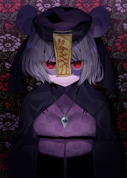Rule 34 | 1girl, abe suke, absurdres, animal ears, black dress, black hat, closed mouth, commentary request, dark persona, dress, flower, grey hair, hands in opposite sleeves, hat, highres, jewelry, jiangshi, long sleeves, looking at viewer, mouse ears, nazrin, ofuda, pendant, qingdai guanmao, red eyes, red flower, short hair, solo, stitched mouth, stitches, touhou, wavy mouth, white flower