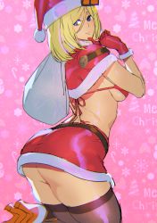 Rule 34 | 1girl, ashiomi masato, ass, belt, bikini, bikini top only, blonde hair, blue eyes, breasts, capelet, christmas, commentary request, fur trim, gloves, guilty gear, guilty gear xrd, hair between eyes, hat, high heels, large breasts, legs together, looking at viewer, looking back, medium breasts, medium hair, merry christmas, midriff, millia rage, miniskirt, orange footwear, red bikini, red gloves, red skirt, sack, santa costume, santa hat, see-through, see-through legwear, skirt, solo, swimsuit, thick thighs, thighs, trefoil, underboob