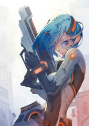 Rule 34 | 1girl, blue-tinted eyewear, blue eyes, blue hair, bodysuit, breasts, closed mouth, commentary request, covered navel, cross, deme (karesuki), eyes visible through hair, gun, highres, holding, holding gun, holding weapon, looking at viewer, medium breasts, navel, original, outdoors, revision, road sign, science fiction, scouter, short hair, sign, smile, solo, standing, tinted eyewear, weapon