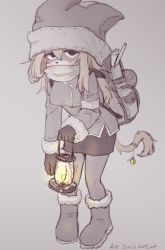 Rule 34 | 1girl, backpack, bag, bell, black eyes, black skirt, blonde hair, boots, buttons, cat girl, cat tail, covered mouth, double-breasted, female focus, full body, fur-trimmed boots, fur trim, furry, furry female, gloves, grey footwear, grey hat, grey jacket, hair between eyes, hat, highres, hunched over, jacket, jessie-katcat, lantern, original, scarf, scarf over mouth, skirt, solo, standing, tail, tail bell, tail ornament, white scarf